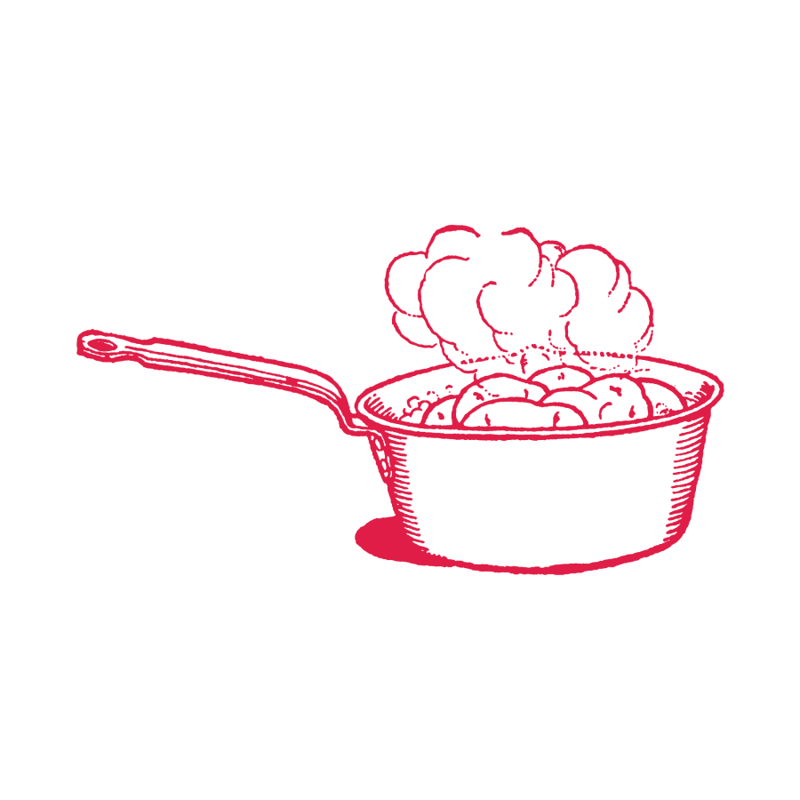 Kupferstich Zeichnung von einem roten Topf mit Stiel in dem grade Kartoffel gekocht werden. Es steigt Dampf auf. 